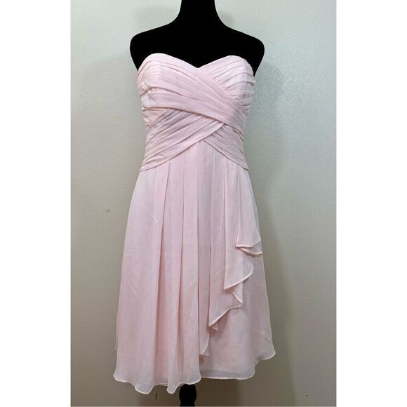 NWOT David's Bridal Strapless Pale Pink Crinkle Chiffon Mini Wedding Guest Dress - Picture 2 of 8